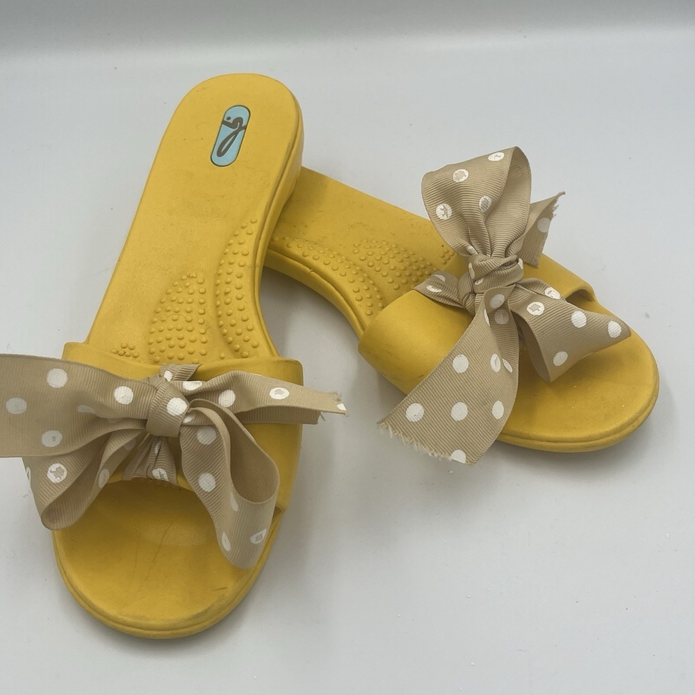 OKA‎ Bee Yellow Slides Slip On Sandals Rubber Tan Polka Dot Bows Womens LL 11/12